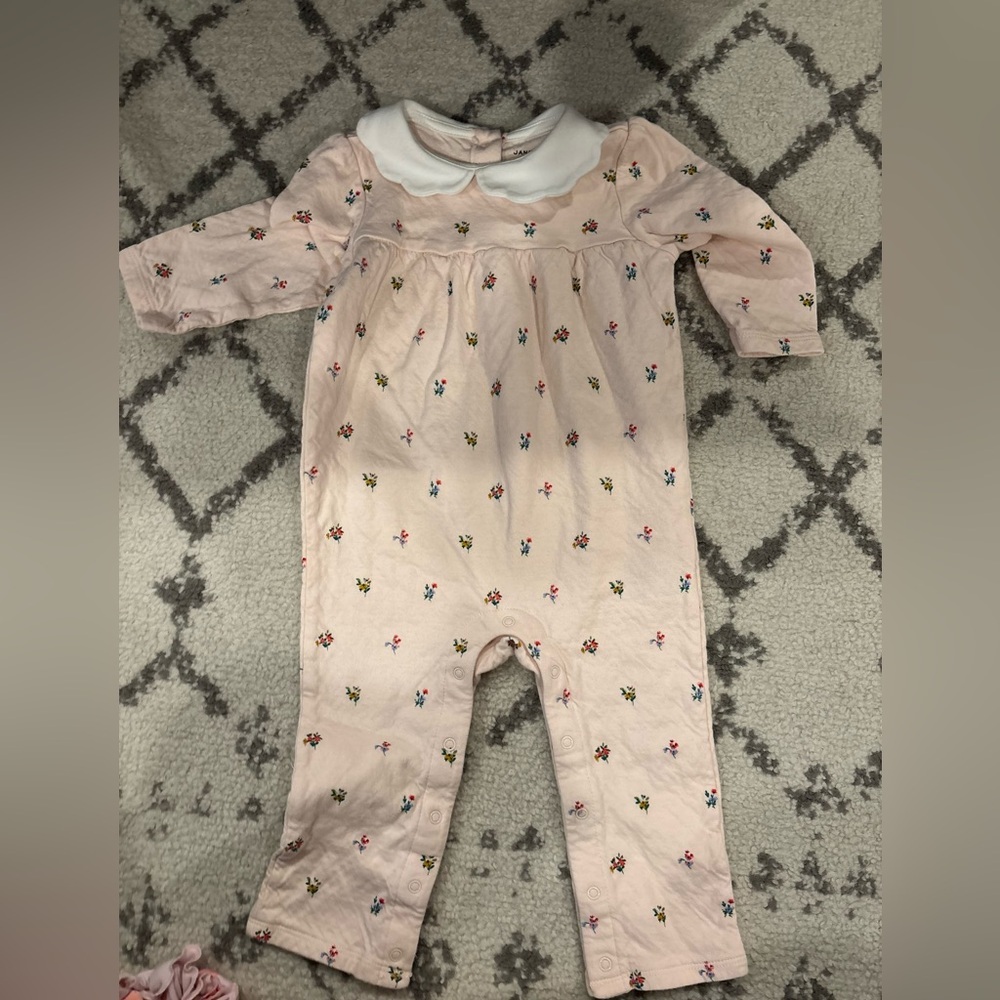 Janie and Jack Light Pink Floral Footie with White Peter Pan Collar